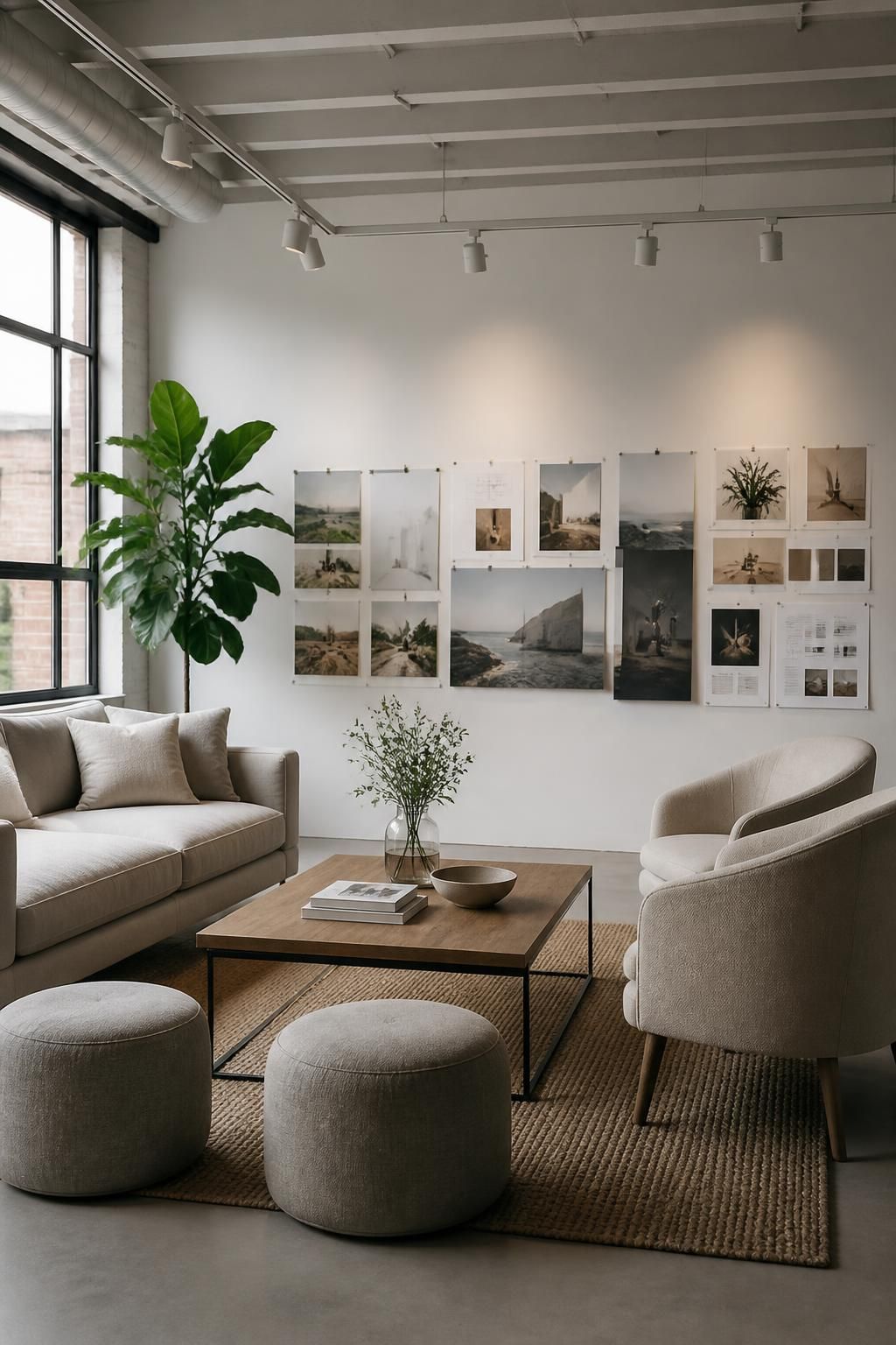 Inviting modern creative studio with clean seating and presentation space