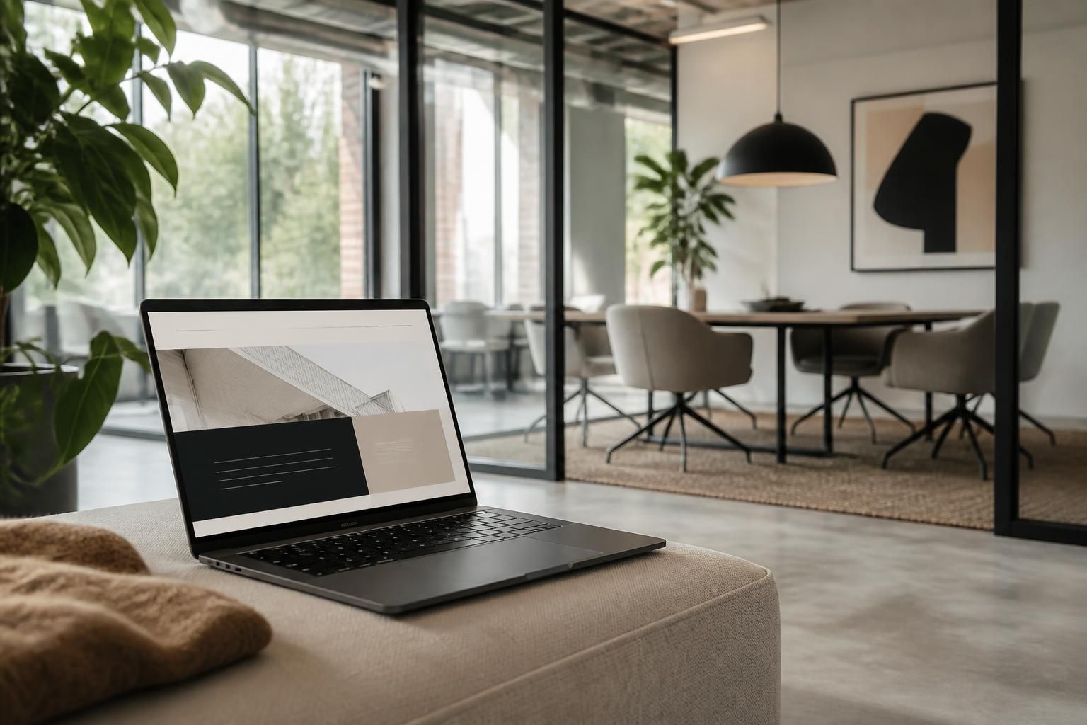 Modern web design office workspace with laptop and meeting area